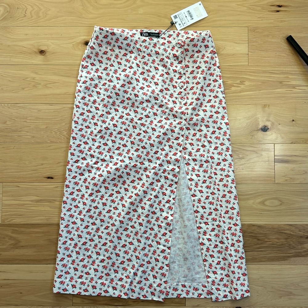 NWT Zara Floral Maxi High Slit 55% Linen Skirt | Large